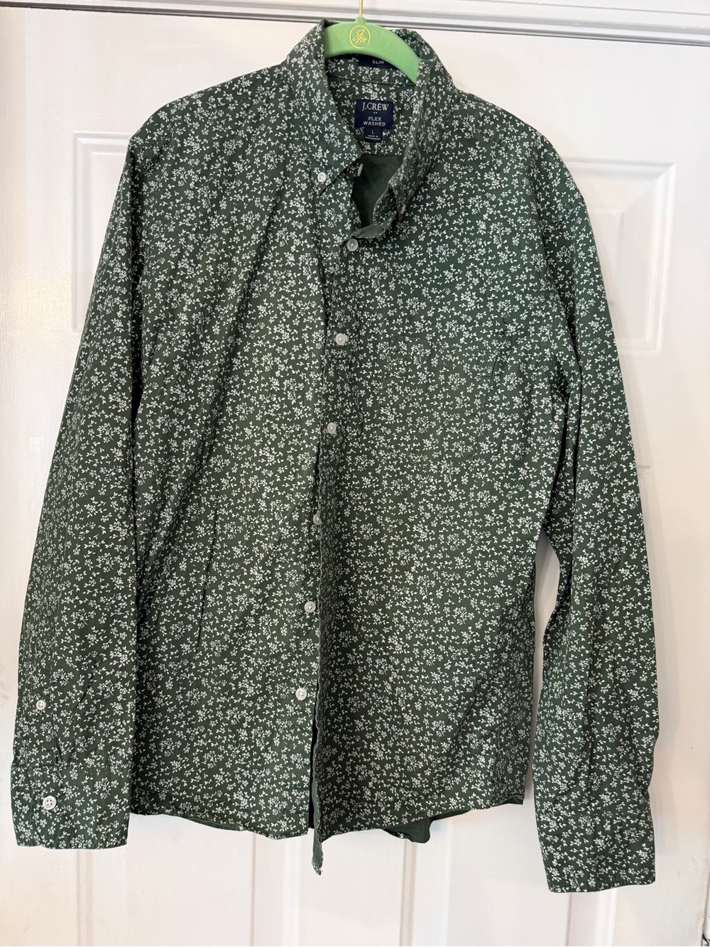 J crew men’s green n white floral LS button down stretch shirt size Large Slim - Picture 2 of 12